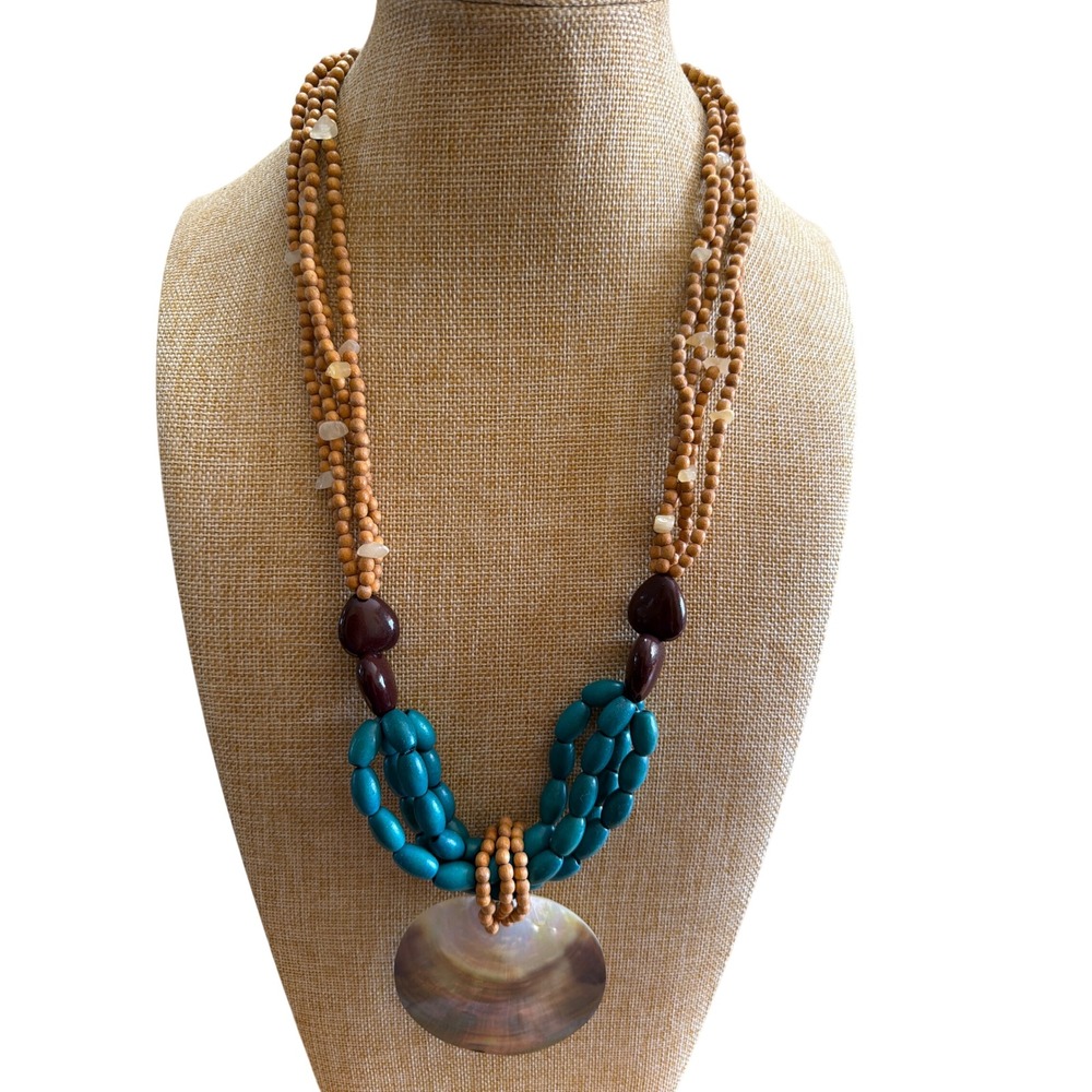 Boho Multistrand Beaded Statement Necklace with Large Shell Pendant Teal Tan